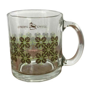 Caribou Logo Coffee Mug Cup Strength Clear Glass Green Brown Flowers Vintage USA